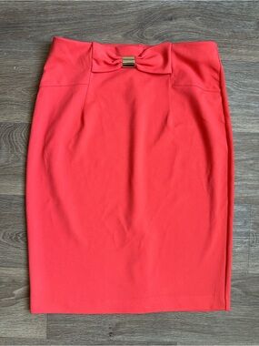 New York Clothing Co. Coral Pink Bow Waist Pencil Skirt Size M Gold Bar Accent